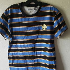 AMO Men's Blue and Black Striped Tee with Yellow Accent